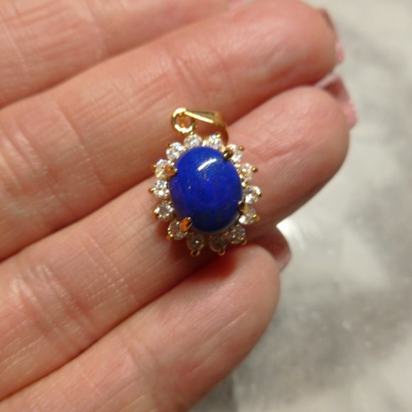 18K Gold EP Lapis Lazuli Swarovski Crystals Dolphin Ore Pendant - Picture 5 of 11